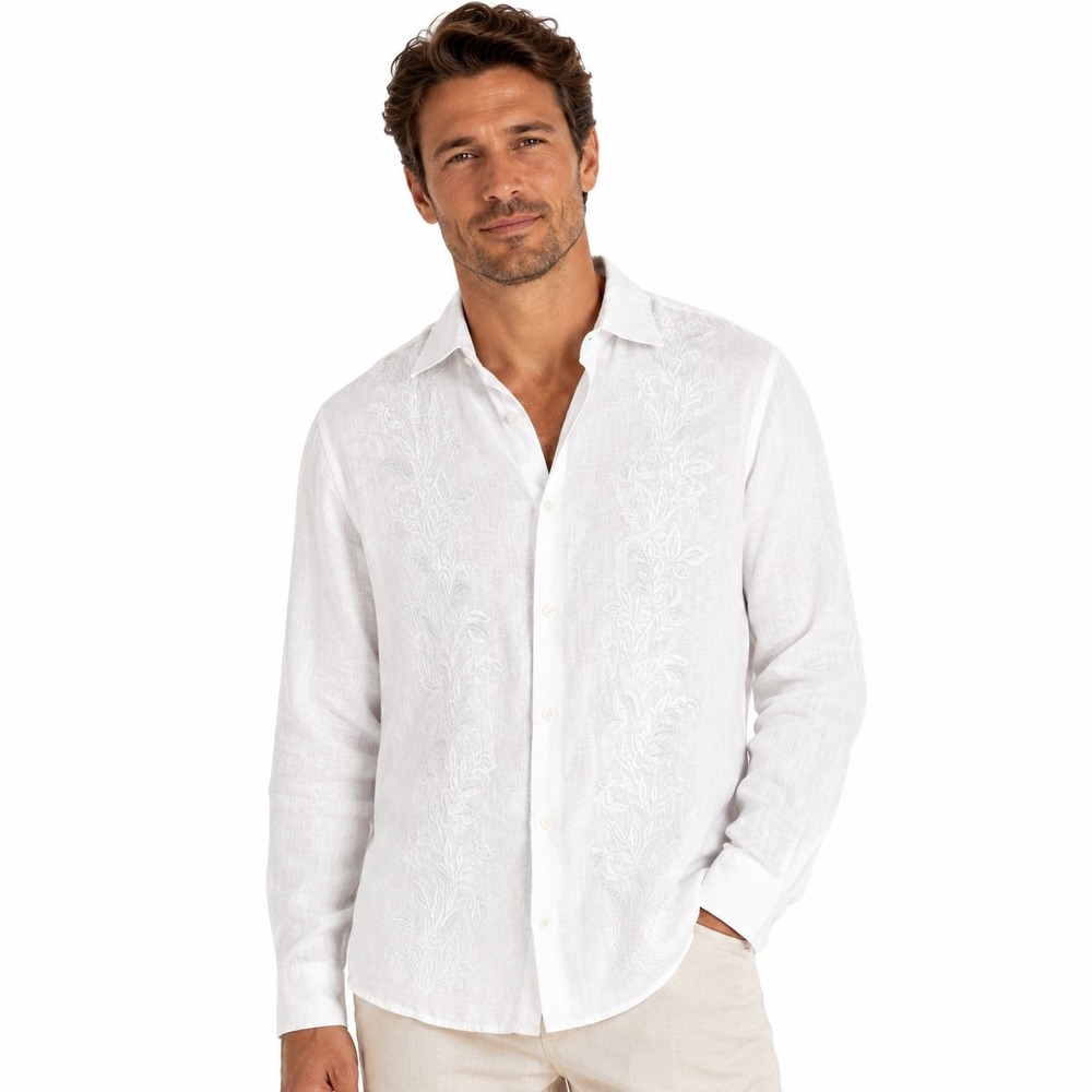 Tommy Bahama Tide the Knot Linen Shirt Mens Large White Embroidered Long Sleeve